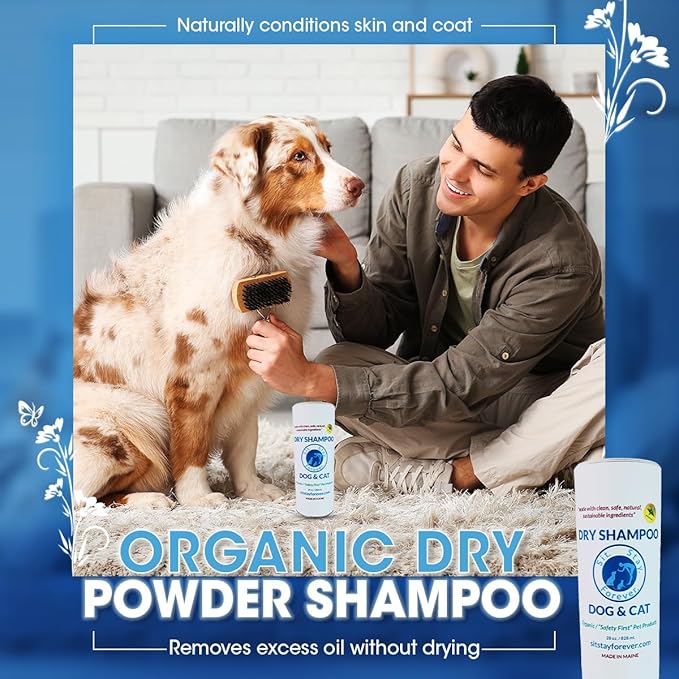 Sit. Stay. Forever. Natural, Dry Powder Shampoo for Dogs & Cats, Organic, Non-Toxic, Hypoallergenic Dog Deodorizer Powder, Anti-Itch & Odor Control, Easy No-Rinse Formula, Safe for Sensitive Skin