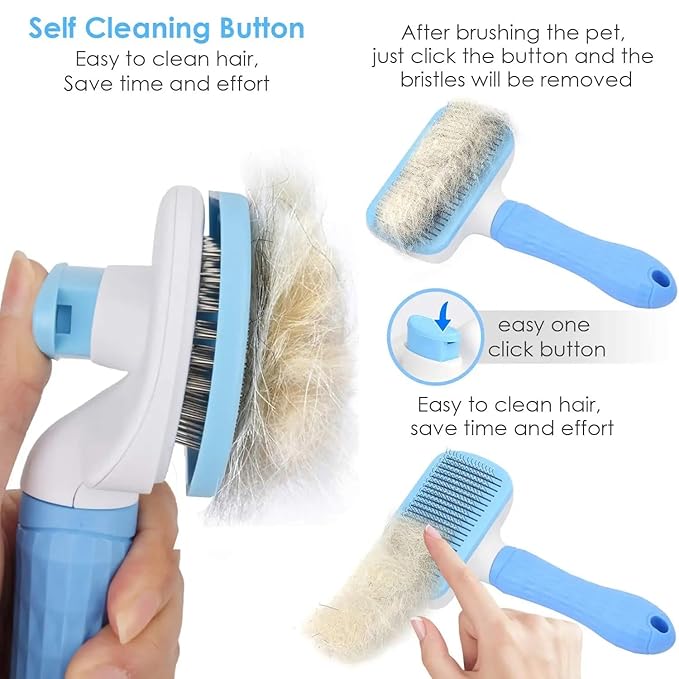 Pet Grooming Brush, Blue - Self Cleaning Hair Brush for Dogs and Cats, Removes Loose Undercoat, Bristles with Massage Particles, Ergonomic Handle, For Long or Short Hair Breeds