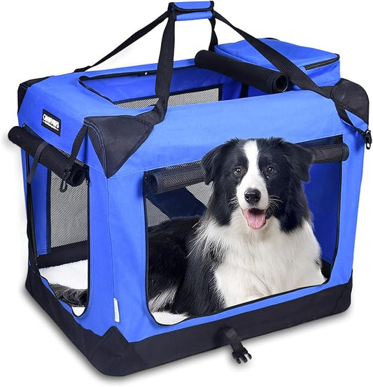 JESPET 36'' Soft Dog Crates Kennel for Pets, 3 Door Soft Sided Folding Travel Pet Carrier with Straps and Fleece Mat for Dogs, Cats, Rabbits, Grey Blue & Beige (36" L x 24" W x 27" H, Blue)
