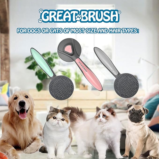 Self Cleaning Brush for Cats Dogs Grooming Brush Slicker Brush Remove Loose Hair Massage Comb Round Beads Bristles Particularly for Furry Pets (PINK) (GZ001)