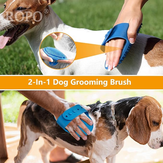 ROPO 2PC Dog Grooming Brush, Pet Shampoo Bath Brush&Pet steel comb, pet dog cat grooming comb