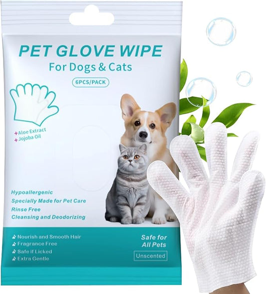 Pet Cleaning Glove Wipes for Dogs & Cats, Cleaning and Deodorizing Disposable Bathing Wipes for Fur, Paws and Butt, Hypoallergenic Unscented, 6 PCS