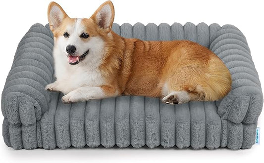 Thick Orthopedic Cat Sofa for Large Cats, Waterproof Supportive Foam Dog Sofa Bed with Washable Cover, Faux Fur Comfy Bolster Couch Pet Beds with Nonskid Bottom (Grey, 30"x22")