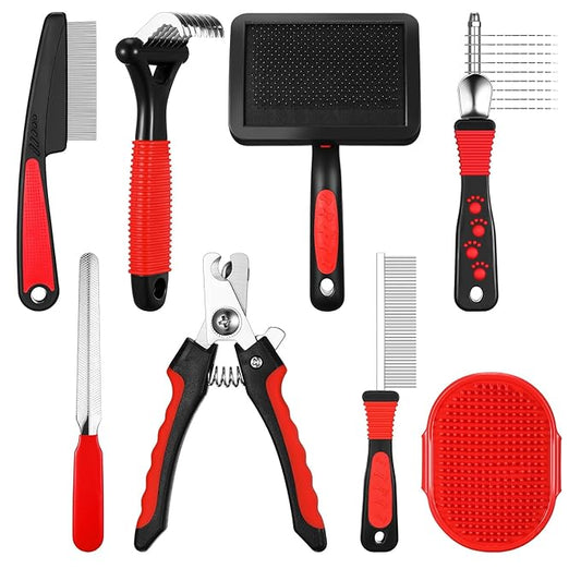 Baderke 8 Pc Pet Grooming Kit - Dematting Comb, Detangling Brush, Rake, Bath Brush, Nail Clipper & File for Dogs & Cats