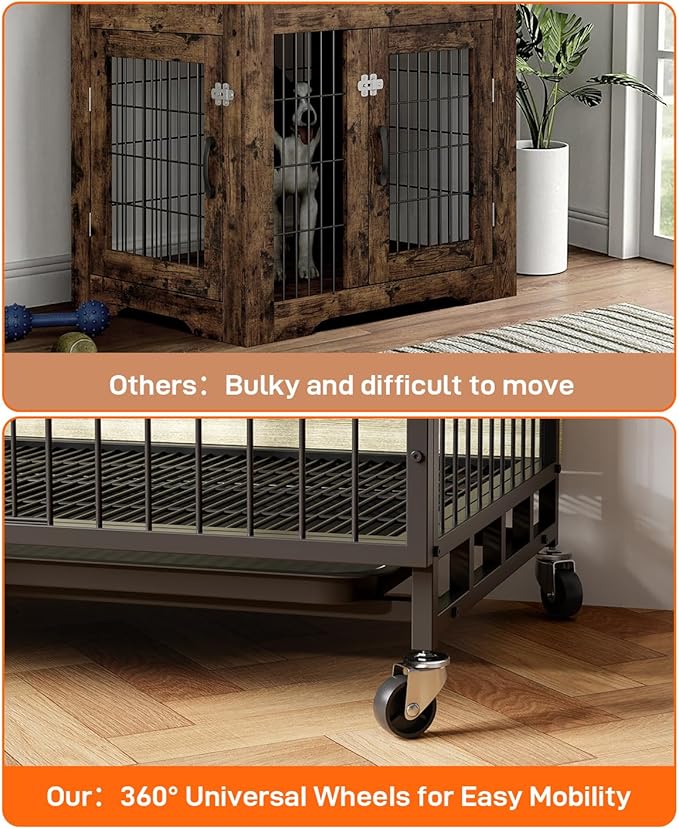 GAOMON 2024 New 27.2” Dog Crate Furniture, Heavy-Duty Wooden Large Dog Kennel with Removable Tray and Wheels, Double-Doors Dog Cage End Table, Modern Indoor Dog House for Small Dogs, Rustic Gray