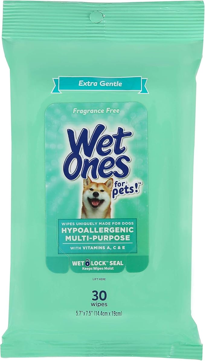 Wet Ones for Pets Hypoallergenic Multi-Purpose Dog Wipes with Vitamins A, C & E | Fragrance-Free Hypoallergenic Dog Wipes for All Dogs Wipes with Wet Lock Seal | 30 Count Pouch Dog Wipes