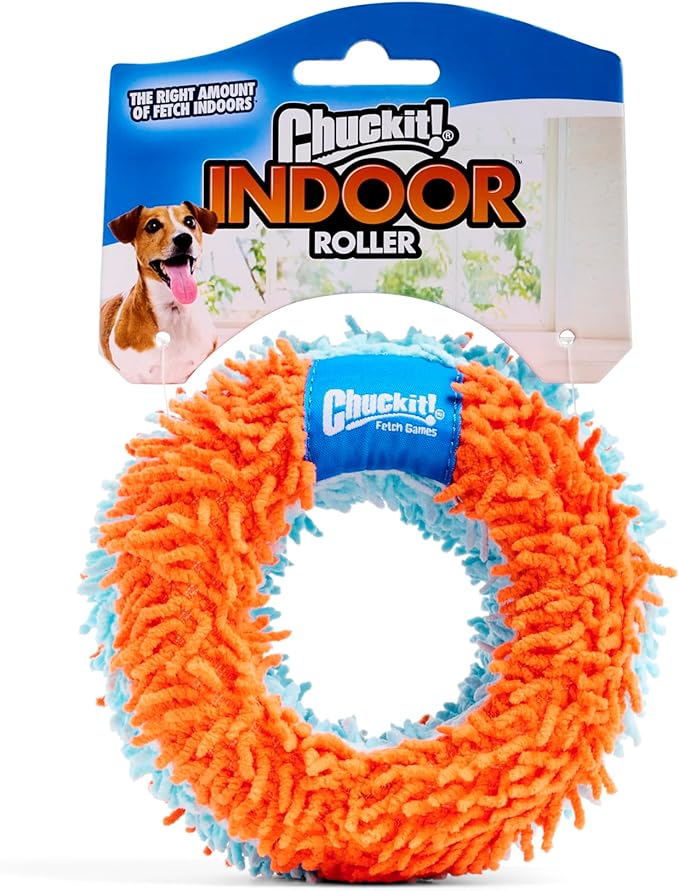 Chuckit! Indoor Fetch Roller Dog Toy - Soft Pet Toy for Dogs - Made with Durable, Lightweight, Plush Chenille Fabric - Great Alternative to Balls - 7.5-inch Diameter - Orange and Blue