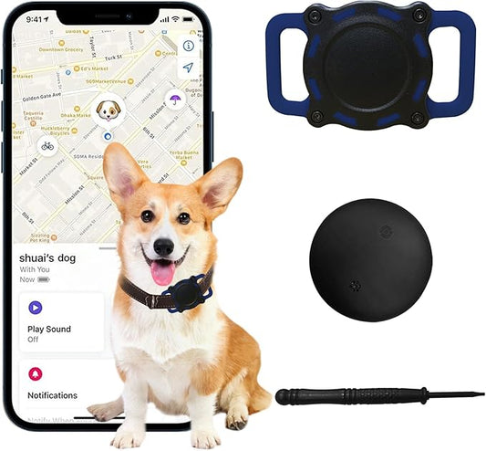 Dog Tracker, Pet Location Tracker with Collar Holder for Dogs, Item Finder, MFi Certified, No Monthly Fee, Works with Apple Find My, iOS Only (Black and Blue)
