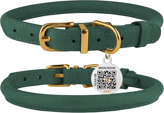 BRONZEDOG Rolled Leather Dog Collar with QR ID Tag Adjustable Soft Round Collars for Small Medium Large Dogs Puppy Cat (Emerald Green, 11" - 14 1/2" Neck Size)