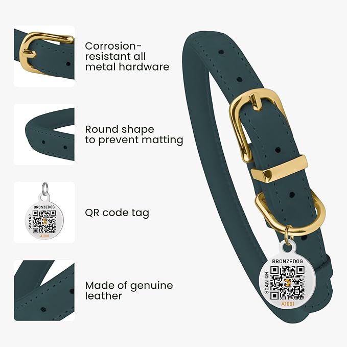 BRONZEDOG Rolled Leather Dog Collar with QR ID Tag Adjustable Soft Round Collars for Small Medium Large Dogs Puppy Cat (14" - 16" Neck Size, Denim)