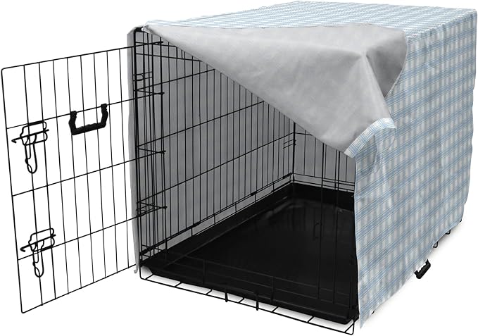 Lunarable Plaid Dog Crate Cover, Geometrical Striped Old Fashioned Pattern Pastel Colors Country, Easy to Use Pet Kennel Cover for Cats & Medium Dogs, 24 Inch, Pale Blue Yellow White