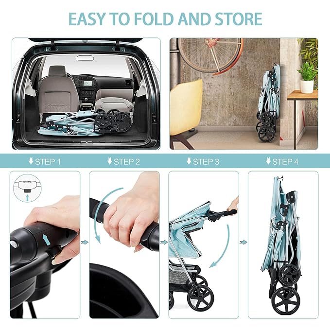Pet Stroller for Medium Small Dogs and Cats, Folding Puppy Stroller Dog Cat Cage Jogger Stroller with Cup Holder and Storage Basket, 4 Wheels, Light Blue