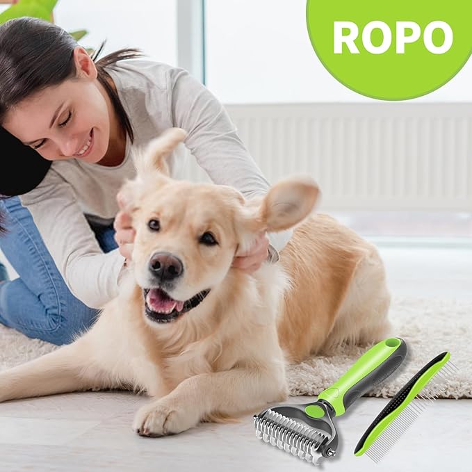 Undercoat Rake for Deshedding and Dematting Dogs - Metal Comb and Brush for Pet Grooming Supplies (Green)
