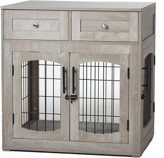 Dog Crate Furniture with 3 Doors,39.4" Large Dog Crate with 2 Drawer & Cushion,Wooden Dog House Kennel for Medium/Large Dog (39.4" L×23.6" W×40" H)