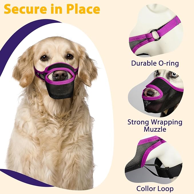 LUCKYPAW Dog Muzzle, Mesh Muzzle for Large Medium Small Dogs with Front Opening Design, Dog Mouth Cover to Prevent Biting, Licking, Chewing, Scavenging, Allows Drinking (L-Snout:9¾-11", Purple)