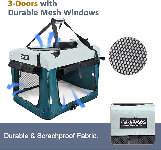 JESPET Soft Dog Crates Kennel for Pets, 3 Door Soft Sided Folding Travel Pet Carrier with Straps and Fleece Mat for Dogs, Cats, Shale Green, 36'' (8-Teal Blue, Small(24" L x 16.5" W x 16.5" H))
