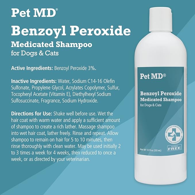 Pet MD - Benzoyl Peroxide Medicated Shampoo for Dogs and Cats - Effective for Skin Conditions, Dandruff, Itch Relief, Acne and Folliculitis - Citrus Scent - 12 oz