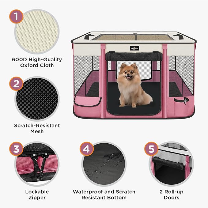 Foldable Pet Kitten Playpen, Upgrade Waterproof Portable Cat Dog Playpen Kennel Tent for Small Dog Cat, Removable Shade Cover, Come with Free Carrying Case, Indoor Outdoor Use for Small Pet, Pink