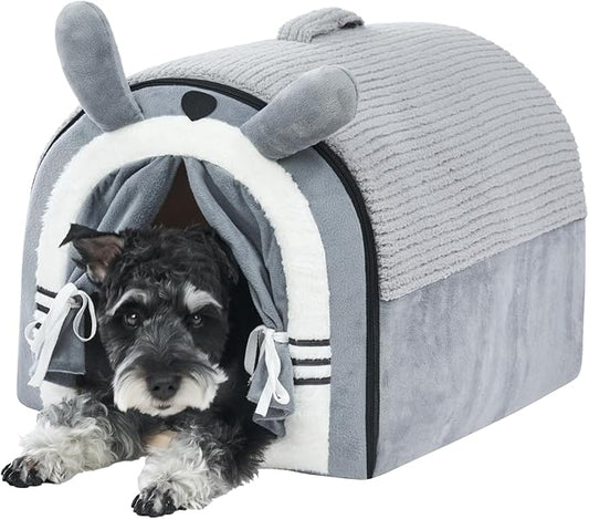 Jiupety Cute Small Dog Cave Bed with Door Curtain Design, Dog House with Reversible Washable Cushion, L Size Portable Puppy House, Cartoon Style Hut Up to 25lbs, Non-Slip Bottom, Grey