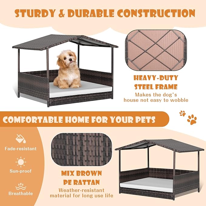Giantex Wicker Dog House, Raised Rattan Dog Bed with Waterproof Roof, Washable Cushion Cover, Steel Frame, Indoor Outdoor Elevated Dog Bed Pet House for Small Medium Dogs Cats, Easy Assembly