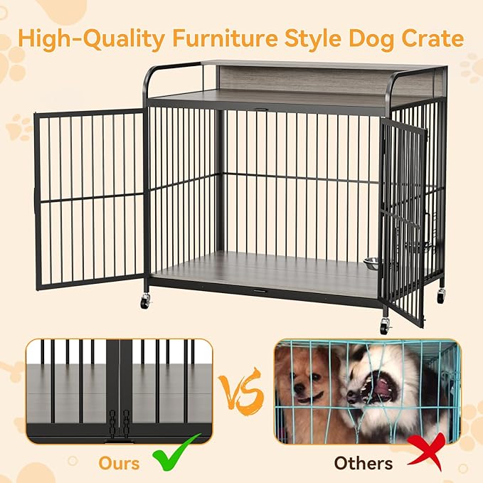 GAOMON Dog Crate Furniture, Dog Crate Indoor with Adjustable Height Bowls, Wooden Heavy Duty, 39.8 Inch Dog Kennel Furniture for Medium Dogs, 39.8" L X 22.5" W X 38.6" H,Grey