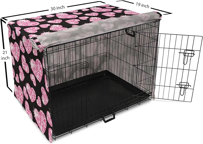Ambesonne Diamonds Dog Crate Cover, Romantic Pink Heart Stones on Black Background Valentines Day Theme, Easy to Use Pet Kennel Cover for Cats & Medium Dogs, 30 Inch, Pink Black
