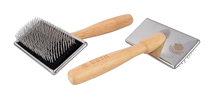 Wooden Slicker Brush - Stainless Steel Hard Pins for Grooming Short-Haired Pets (Size M)