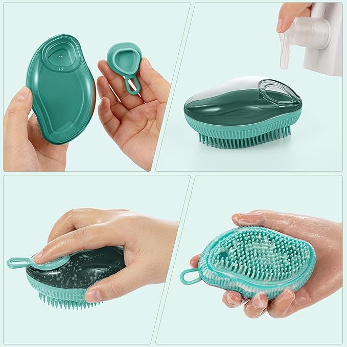 Pet Grooming Bath Massage Brush with Soap and Shampoo Dispenser Soft Silicone Bristle for Long Short Haired Dogs Cats(Blue)