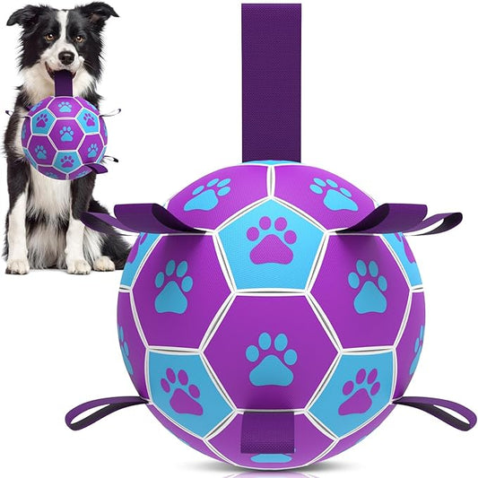 QDAN Dog Toys Soccer Ball - Durable Dog Balls with Strap for Medium Small Dogs, Puppy Birthday Gifts, Dog Tug Toy for Tug of War (8 Inch)