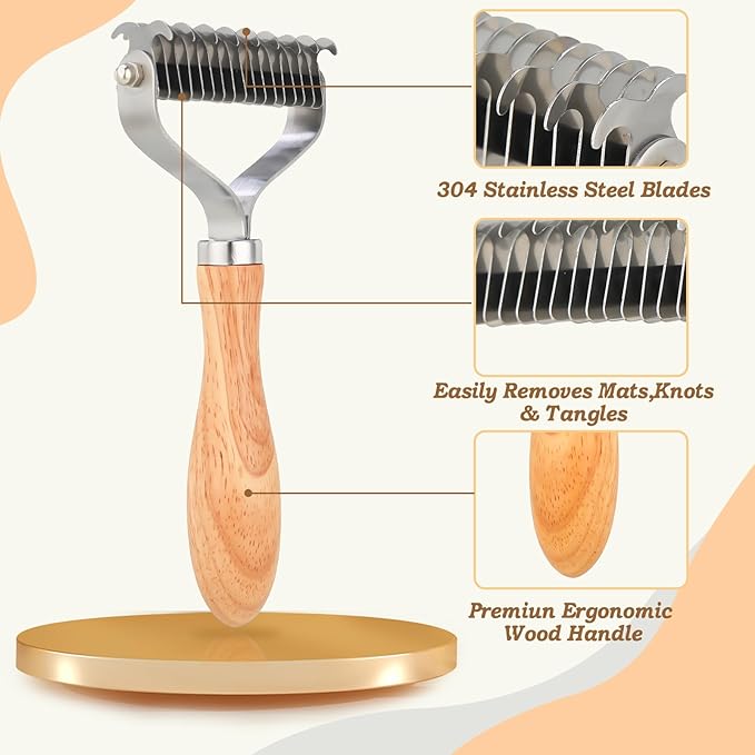 Pet Dematting Comb for Dogs,Cats.Pet Undercoat Rake with Stainless Steel Blades for Knot Removal and Shedding Control.Cat Brush for Shedding Dematting with Wood Handle.
