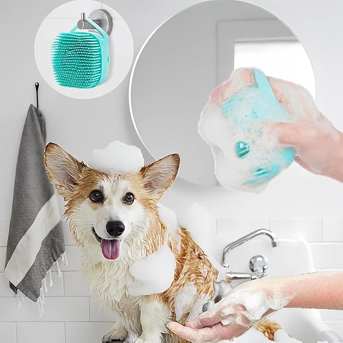 Pet Bath Scrubber Brush, Dog Grooming Massage Shampoo Bath Brush with Soap and Shampoo Dispenser Soft Silicone Bristle for Long Short Haired Dogs Cats Shower (Yellow)