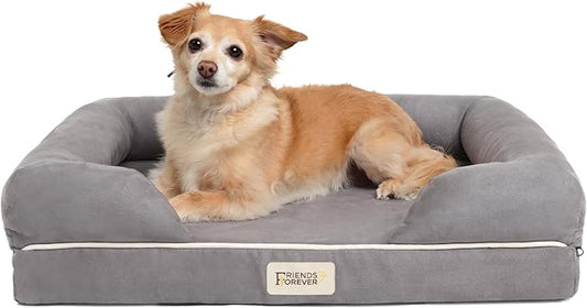 Friends Forever Small Dog Bed, Orthopedic Dog Sofa Memory Foam Mattress, Calming Dog Couch Bed, Wall Rim Pillow, Water Resistant Liner, Washable Cover, Non-Slip Bottom, Chester, Small Grey
