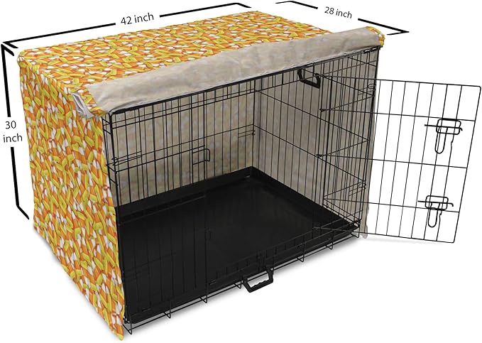 Lunarable Candy Corn Dog Crate Cover, Halloween Design of Cartoon Style Foods Scattered Randomly, Easy to Use Pet Kennel Cover for Medium Large Dogs, 42 Inch, Apricot Avocado Green