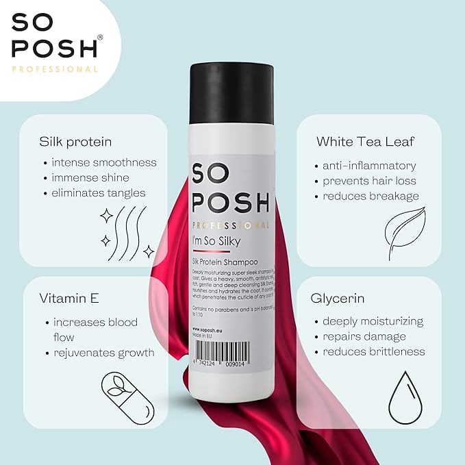 So Posh I´m So Silky Dog Shampoo - with Silk Protein, Perfect for Drop-Coats Like Yorkie, Maltese, Shih Tzu etc. Heavy, Smooth & Anti-Static Result, Sulfate & Paraben Free, 1:10 Concentrate. 8.4 Oz