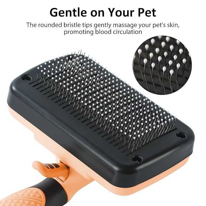 Dog & Cat Hair Brush,Self Cleaning Slicker Brush for Long Short Hair,Shedding & Grooming Pet Brush with Soft Bristle and Release Button,Orange