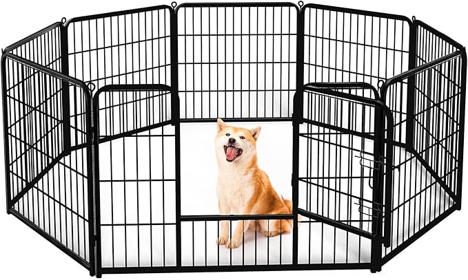 Sweetcrispy Dog Playpen Indoor - Puppy Fence Exercise Pen for Yard Gate 8 Panel 32” Height Playpens with Doors Heavy Duty Metal Dog Pen for Camping, RV, Outdoor, Small/Medium/Large Pets