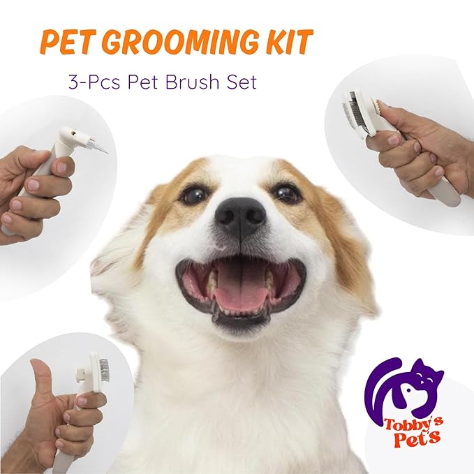 Pet Grooming Kit – 3-Pcs Pet Brush Set with Dematting Tool, Deshedding Brush, Self-Cleaning Slicker Brush – Professional Dog Brushes for Grooming Long-Haired Dogs and Cats