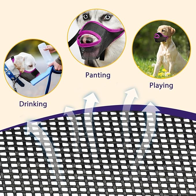 LUCKYPAW Dog Muzzle, Mesh Muzzle for Large Medium Small Dogs with Front Opening Design, Dog Mouth Cover to Prevent Biting, Licking, Chewing, Scavenging, Allows Drinking (L-Snout:9¾-11", Purple)