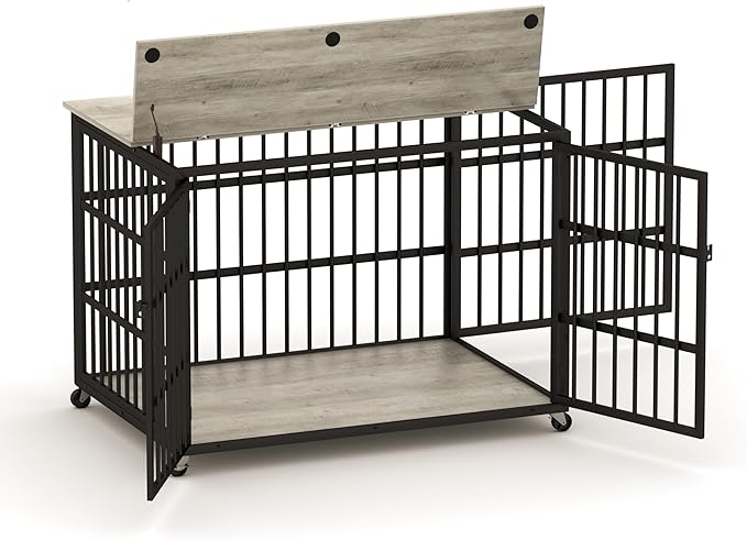 Furniture Style Dog Crate,Wrought Iron Frame with Side Openings,Wheels,Flip-Up Top,Durable and Stylish Pet Kennel for Home Use,Grey