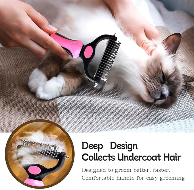 Pet Grooming Brush and Metal Comb Double Sided Long Hair Pet Undercoat Cleaner Brush for Dogs and Cats Removes mats and lint Effectively removes carpet shedding or flyaway hair.(Pink)…