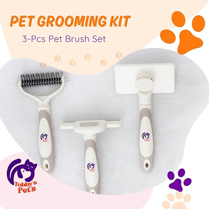 Pet Grooming Kit – 3-Pcs Pet Brush Set with Dematting Tool, Deshedding Brush, Self-Cleaning Slicker Brush – Professional Dog Brushes for Grooming Long-Haired Dogs and Cats