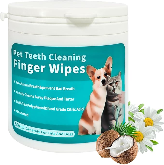 PET Teeth Cleaning Wipes for Dogs & Cats, No-Rinse Finger Toothbrush, Reduces Plaque & Freshens Breath Teeth Care Wipes,Disposable pet Cleaning and Gum Care Wipes, 50 Count