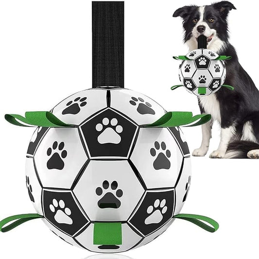 QDAN Dog Toys Soccer Ball with Straps, Puppy Birthday Gifts, Interactive for Tug of War, Durable Balls for Small & Medium Dogs(6 Inch)