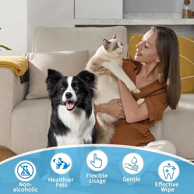 Dog Teeth Cleaning Wipes, 100Pcs Gentle Pet Dental Finger Wipes for Dogs Cats, Freshens Breath, Reduce Plaque, Portable Disposable Dental Wipes for Dogs Teeth Pet Dental Care Finger Wipes