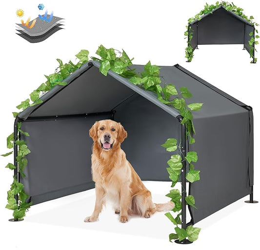 Large Dog Shade Shelter Outdoor Tent Dog House for Large Medium Dogs, Outside Sun Rain Canopy Pet House for Homeless Cats Pigs Livestock with Rainproof Cover with Artificial Grapevine Leaves