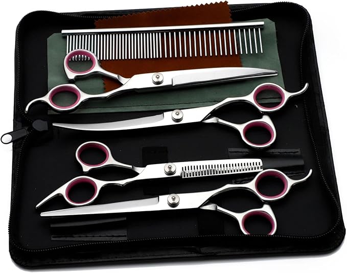 YL TRD Dog Grooming Scissors Kit Hair Cutting Set, 5Pcs Pet trimmer kit, Dog Shears for Grooming, Thinning Shears, Curved Scissors, Grooming Comb for Dogs Rabbits Cats Grooming Tools (Round headed)