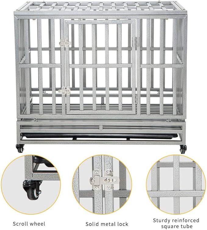 LUCKUP Heavy Duty Dog Cage Metal Kennel and Crate for Medium and Large Dogs, Pet Playpen with Four Wheels,Easy to Install,38 inch,Silver …