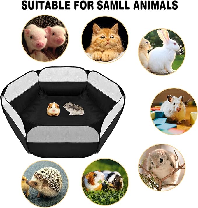 Small Animals Playpen, Outdoor/Indoor Pop Open Pet Exercise Fence, Guinea Pig Accessories Metal Wire Yard Fence C&C Cage Tent for Rabbits, Hamster, Chinchillas and Hedgehogs (Black no Cover)