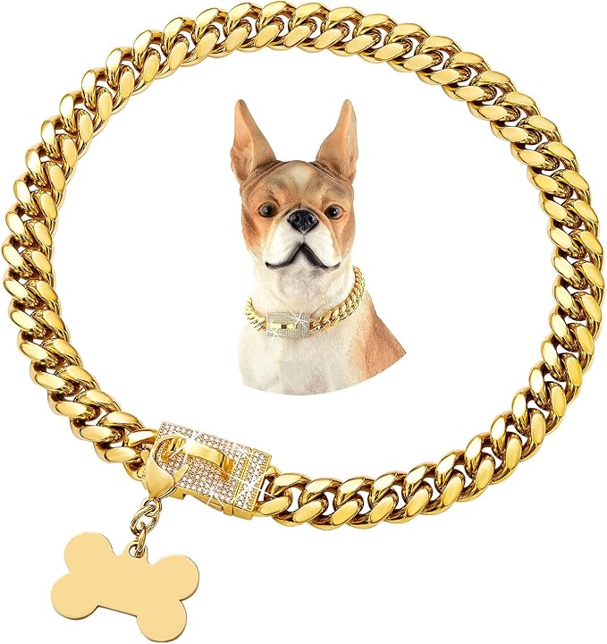 Cute Strong Gold Chain Dog Collar with Bling Clasp & Tag Pendant,18K Gold Plated Cuban Link Dog Collar,Dog Necklace Walking Collar for Puppy Small Dogs(12 Inches)