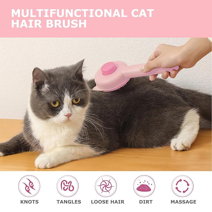 Pet Grooming Brush Kit for Cat and Dog, Hair Massage Cleaner with Release Button, 2 Flea Combs for Shedding Removing Tangles Loose Fur Self Cleaning Accessories, Pink (3 Pieces Set)